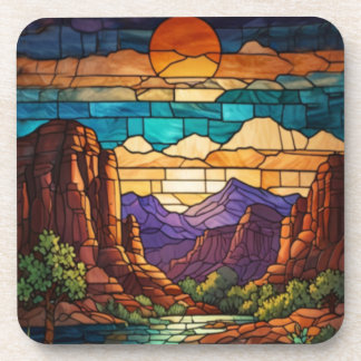 Retro desert scene Sedona mountains stainglass art Coaster