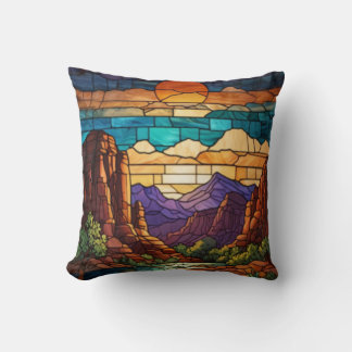 Retro desert scene Sedona mountains stainglass art Cushion
