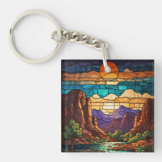 Retro desert scene Sedona mountains stainglass art Key Ring