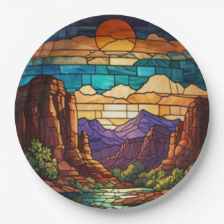 Retro desert scene Sedona mountains stainglass art Paper Plate