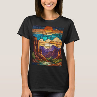 Retro desert scene Sedona mountains stainglass art T-Shirt