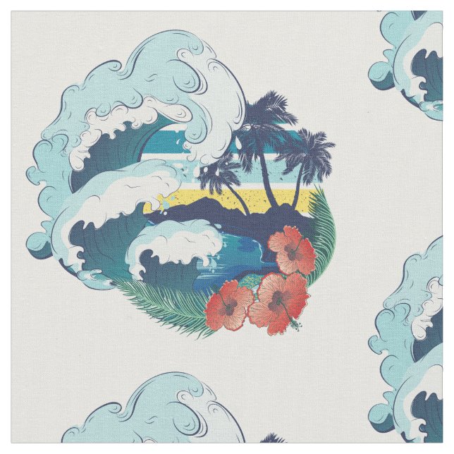 Retro design of beach, palm trees and ocean waves fabric (Close Up)