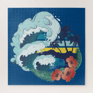 Retro design of beach, palm trees and ocean waves jigsaw puzzle