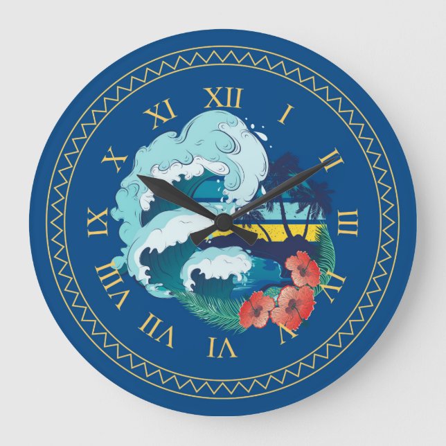 Retro design of beach, palm trees and ocean waves large clock (Front)