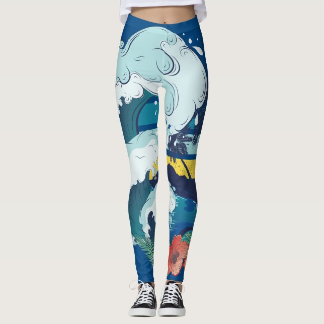 Retro design of beach, palm trees and sea waves leggings (Front)