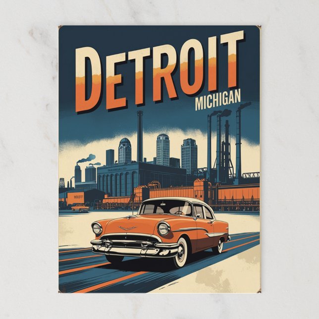 Retro Detroit Industrial City with Classic Car Postcard (Creator Uploaded)