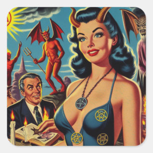 Retro Devil Girl Square Sticker
