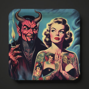 Retro Devilish Tattooed Pin-up Paper Plate