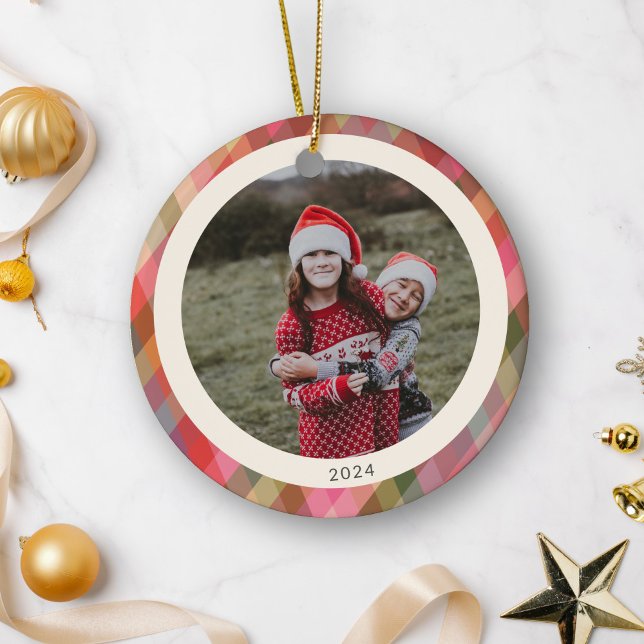 Retro Diagonal Christmas Plaid Cute Photo 2024 Ceramic Ornament (Creator Uploaded)