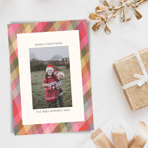 Retro Diagonal Christmas Plaid Cute Preppy Photo  Holiday Card