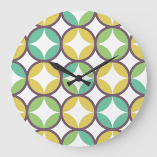 Retro Diamond in Circle Pattern Blue Green Gold Large Clock