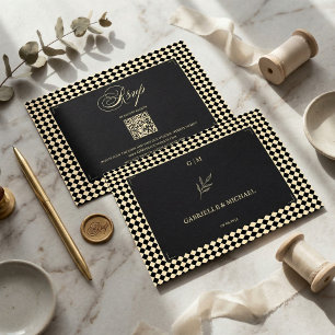 Retro Diamond Pattern Black Gold Wedding QR RSVP Card