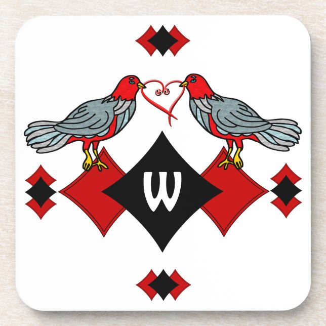 Retro Diamonds, Birds and Heart Worms_Monogrammed Coaster (Front)