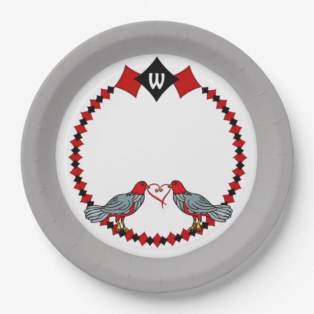 Retro Diamonds, Birds and Heart Worms_Monogrammed  Paper Plate (Front)