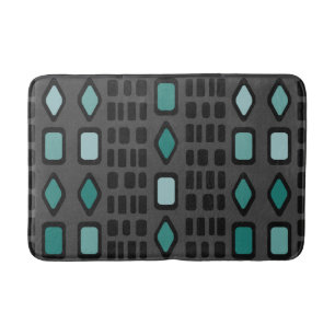 Retro Diamonds Rectangles Black Turquoise Bath Mat