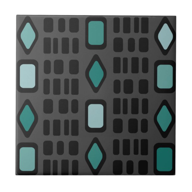 Retro Diamonds Rectangles Black Turquoise Ceramic Tile (Front)