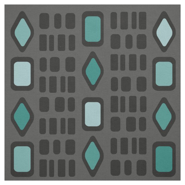 Retro Diamonds Rectangles Black Turquoise Fabric (Swatch)