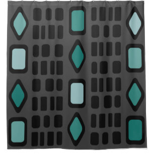 Retro Diamonds Rectangles Black Turquoise Shower Curtain