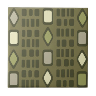 Retro Diamonds Rectangles Olive Green Ceramic Tile