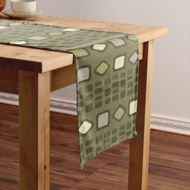 Retro Diamonds Rectangles Olive Green Short Table Runner (In Situ)