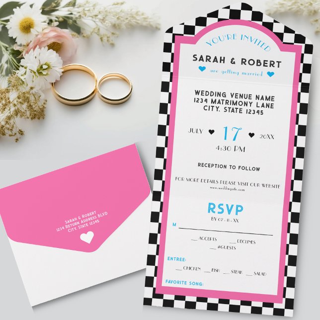 Retro Diner Chequerboard Pink & Blue Wedding All In One Invitation (Retro Diner Checkerboard Pink & Blue Wedding All In One Invitation)