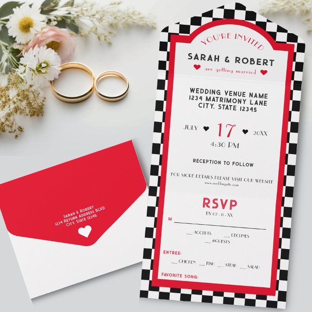 Retro Diner Chequerboard Red Black & White Wedding All In One Invitation (Retro Diner Checkerboard Red Black & White Wedding All In One Invitation)