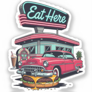 Retro Diner Eat Here Classic Car Burger T-Shirt