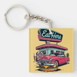 Retro Diner Eat Here Classic Car Burger T-Shirt Key Ring