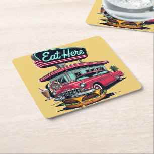 Retro Diner Eat Here Classic Car Burger T-Shirt Square Paper Coaster