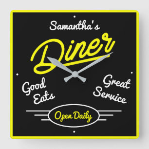 Retro Diner Fifties Yellow Neon Effect Any Name Square Wall Clock
