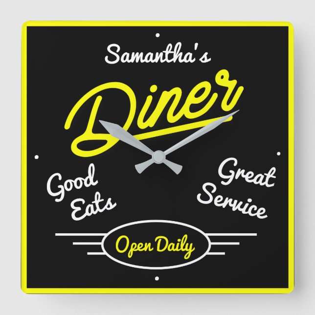 Retro Diner Fifties Yellow Neon Effect Any Name Square Wall Clock (Front)