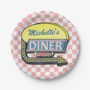 Retro Diner Sign 50s Pink Chequered Personalised Paper Plate
