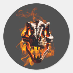  Retro Dinosaur Dead Burning Skull in Fire  Classic Round Sticker