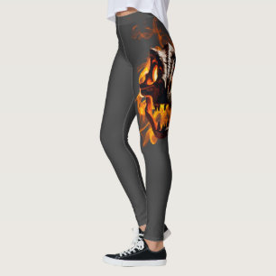 Retro Dinosaur Dead Burning Skull in Fire Leggings
