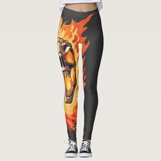  Retro Dinosaur Dead Burning Skull in Fire  Leggings (Front)
