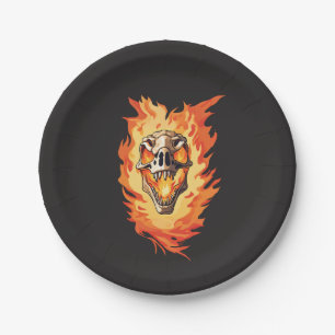 Retro Dinosaur Dead Burning Skull in Fire Paper Plate