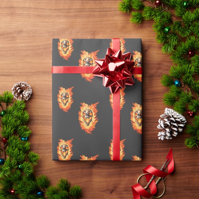  Retro Dinosaur Dead Burning Skull in Fire  Wrapping Paper (Holiday Gift)