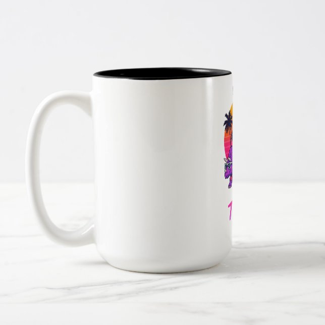 Retro Dinosaur Party in Neon Sunset Two-Tone Coffee Mug (Left)