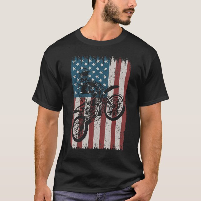 Retro Dirt Bike American Flag Motocross Biker 4th  T-Shirt (Front)