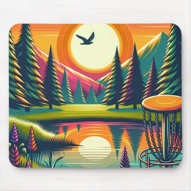 Retro Disc Golf Sunset and Trees Mouse Pad (Front)