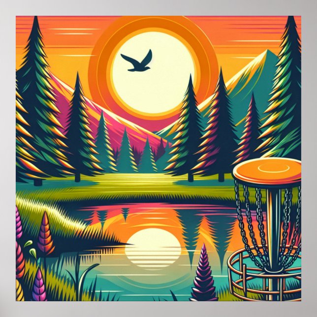 Retro Disc Golf Sunset and Trees Poster (Front)