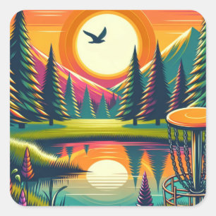 Retro Disc Golf Sunset and Trees Square Sticker