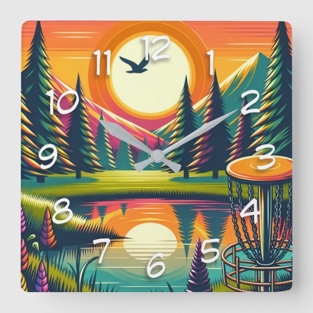 Retro Disc Golf Sunset and Trees Square Wall Clock (Front)