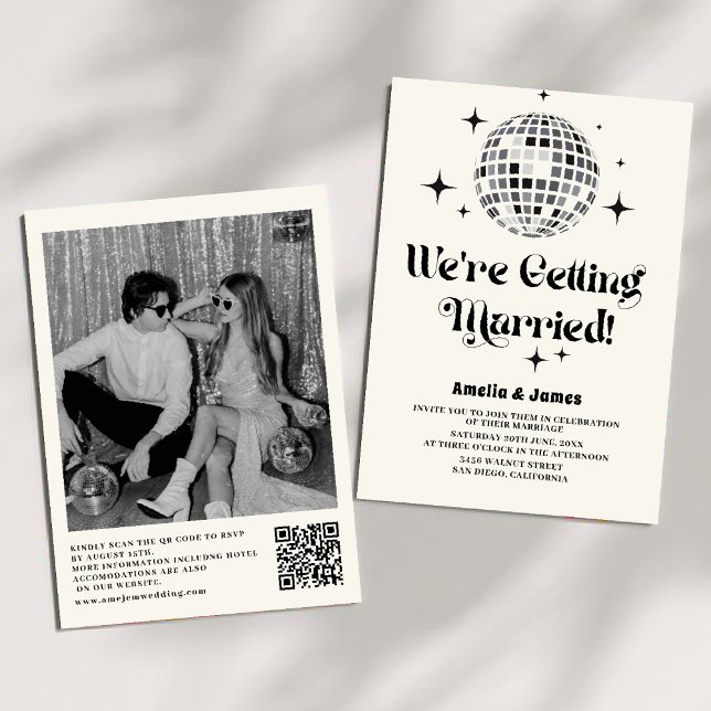 Retro Disco Ball Black White QR Code Wedding Invitation (Creator Uploaded)