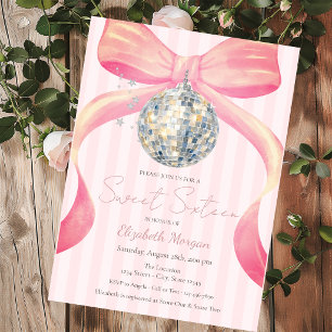 Retro Disco Ball Chic Bow Pink Stripes Sweet 16 Invitation