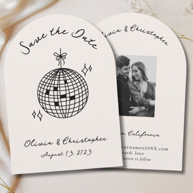 Retro Disco Ball Coquette Bow Arched Save the Date (Retro Disco Ball Coquette Bow Arched Save the Date)