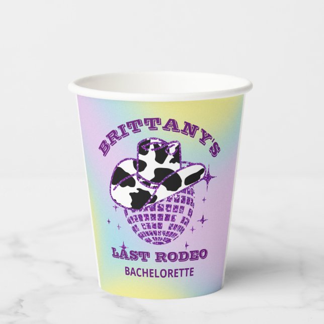 Retro Disco Ball Cowgirl Hat Bachelorette Party Paper Cups (Front)