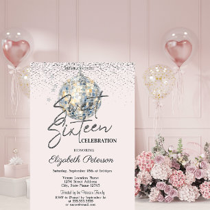 Retro Disco Ball Light Pink Sweet 16 Invitation