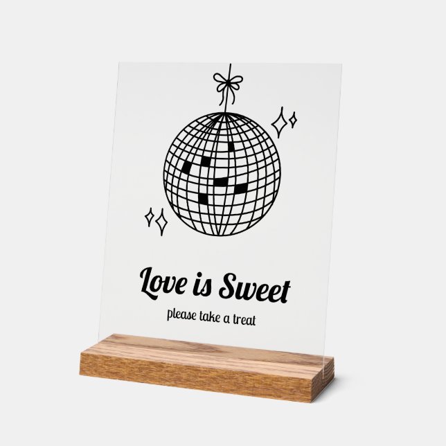 Retro Disco Ball Love is Sweet Wedding Favour Acrylic Sign (Angle)