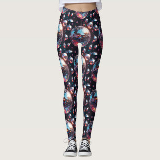 Retro disco ball pattern in silver and rainbow hue leggings